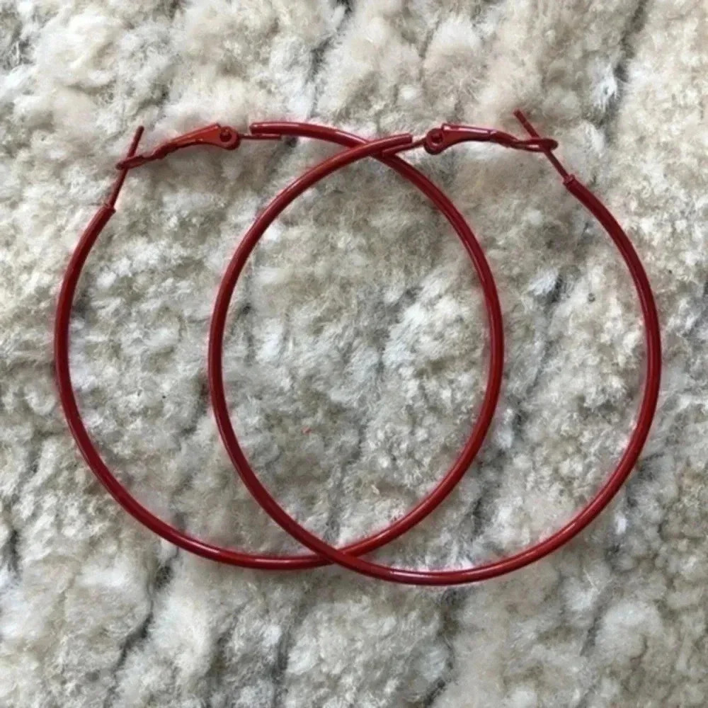 True Red Retro 80’s Large Stainless Steel Hoops Earrings NWT